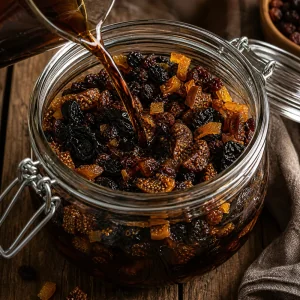 Frutta secca e scorza d'arancia immerse nel rum in un barattolo