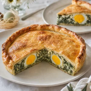 Sliced torta pasqualina showing spinach filling and eggs