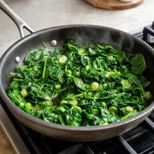 Spinach and green onions wilting in a skillet