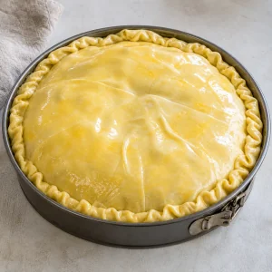 Unbaked egg-washed spinach pie with crimped edges