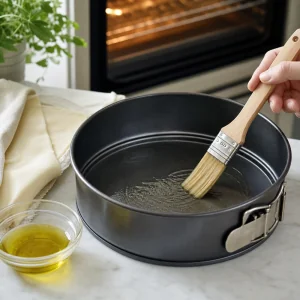 Brushing a springform pan with olive oil before assembling Torta Pasqualina
