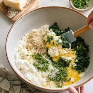 Combining spinach, ricotta, Parmesan, eggs, parsley, and nutmeg for the filling