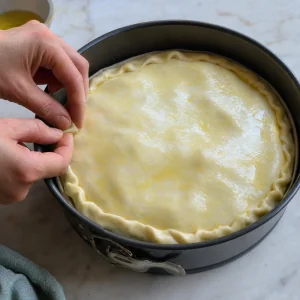 Covering Torta Pasqualina with top dough layers and crimping the sealed edge