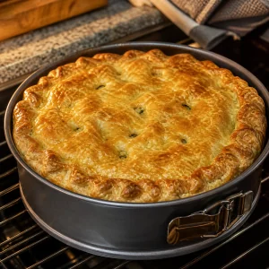 Freshly baked Torta Pasqualina with a deeply golden flaky crust in the pan