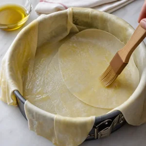 Layering thin pastry sheets in the pan and brushing each layer with olive oil