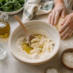 Mixing flour, olive oil, and warm water to make Torta Pasqualina dough