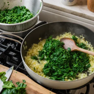 Onion and chopped spinach sautéing in olive oil for Torta Pasqualina filling