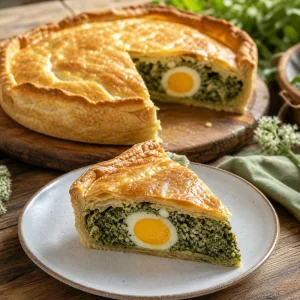 Sliced Torta Pasqualina showing spinach-ricotta filling and a baked whole egg