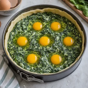 Spinach-ricotta filling with six whole eggs cracked into wells in the pastry shell