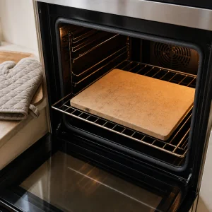 Baking stone preheating inside a hot oven for lepinja flatbread.