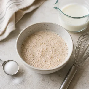 Foamy yeast mixture with warm milk, water, and sugar in a small bowl.