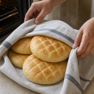 Freshly baked lepinja wrapped in a clean kitchen towel to keep the crust soft.