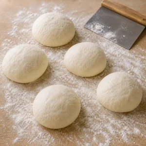 Risen dough divided into five lightly rounded balls on a floured surface.