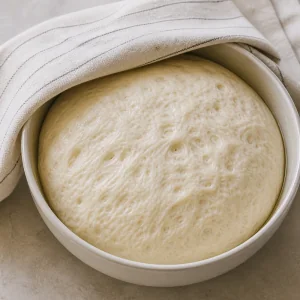 Risen lepinja dough doubled in an oiled bowl under a clean kitchen towel.