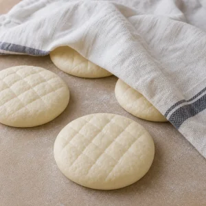 Shaped lepinja dough disks resting under a clean kitchen towel.