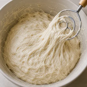 Very soft sticky lepinja dough clinging to a dough whisk in a mixing bowl.