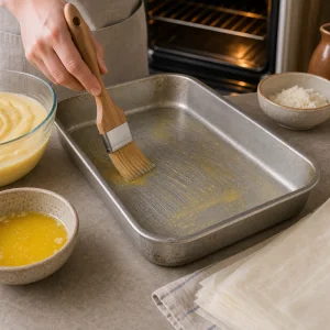 A rectangular baking pan is greased with melted butter before assembly.