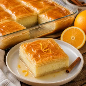 Finished traditional Cypriot galaktoboureko with golden phyllo, creamy semolina custard, and citrus syrup.