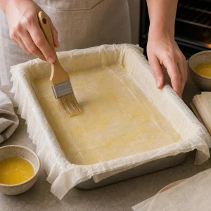 Phyllo sheets are layered in the buttered pan and brushed with melted butter.