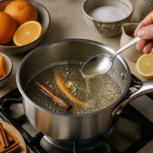 Sugar syrup simmers with orange peel, cinnamon, and lemon juice for galaktoboureko.