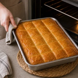 The galaktoboureko bakes until the phyllo top is deeply golden and crisp.