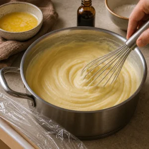 Thick semolina custard is whisked in a saucepan to pudding consistency.