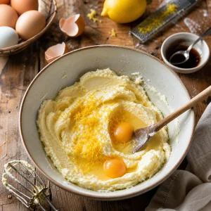 Eggs and lemon zest mixed into the cake batter