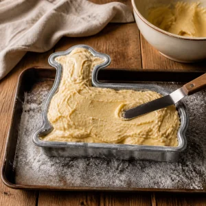Pound cake batter smoothed inside the lamb mold