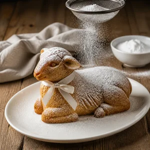Powdered sugar falling over a decorated lamb cake