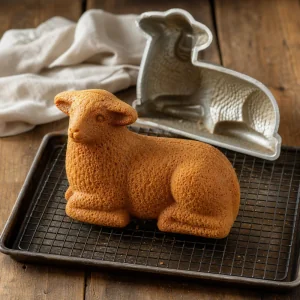 Unmolded golden lamb cake cooling on a wire rack