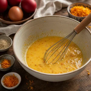 Egg mixture whisked with orange zest and aromatic spices