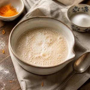 Foamy yeast blooming in warm milk on a rustic baking surface