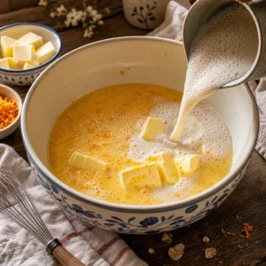 Foamy yeast milk and butter added to the golden egg mixture