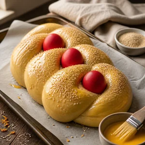 Glossy egg-washed tsoureki braid sprinkled with sesame seeds