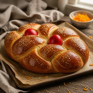 Golden baked tsoureki braid with sesame seeds and red eggs