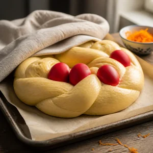 Puffy braided tsoureki rising on a parchment-lined baking sheet