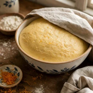 Risen tsoureki dough filling an oiled bowl under a linen towel