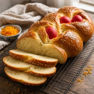Sliced cooled tsoureki on a wire rack showing its tender crumb