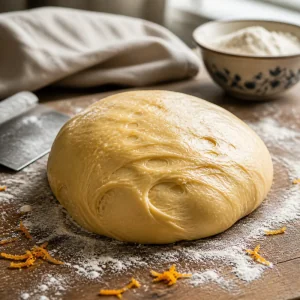 Smooth enriched dough resting on a lightly floured wooden board