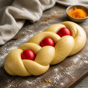 Unbaked braided tsoureki dough with red eggs tucked into the braid