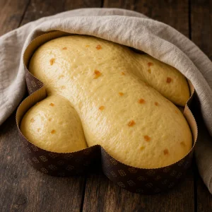 Massa fofa da Colomba a levedar numa forma de papel