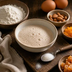 Fermento espumando em leite morno para a massa da Colomba