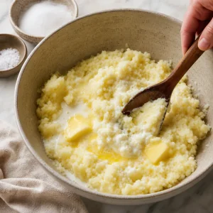Mantequilla y crema mezcladas con patatas prensadas calientes para lefse noruego.