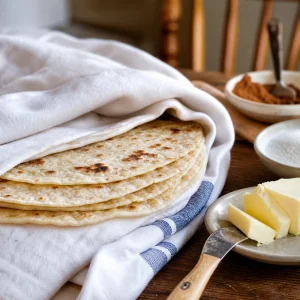 Lefse noruego de patata cocido apilado entre paños con mantequilla y azúcar con canela.
