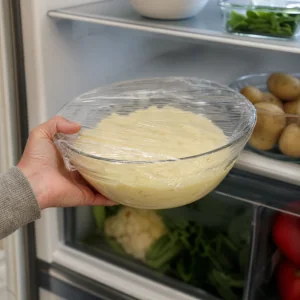 Mezcla de patata cubierta enfriándose en el refrigerador para la masa de lefse.