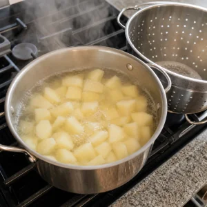 Patatas en cubos hirviendo en una olla para lefse noruego de patata.