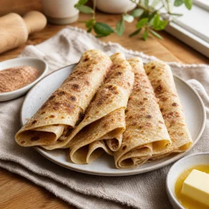 Lefse norueguês tradicional de batata pronto, enrolado com manteiga e açúcar com canela.