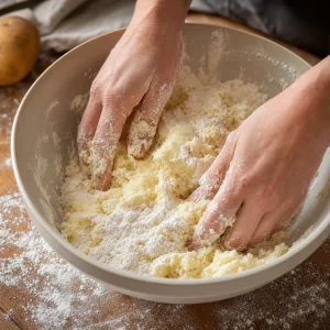 Harina incorporándose a la mezcla fría de patata para formar una masa suave de lefse.