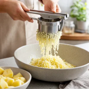 Patatas calientes prensadas con un pasapurés en un bol para la masa de lefse.
