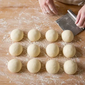 Doce bolas iguales de masa suave de lefse de patata sobre una superficie enharinada.